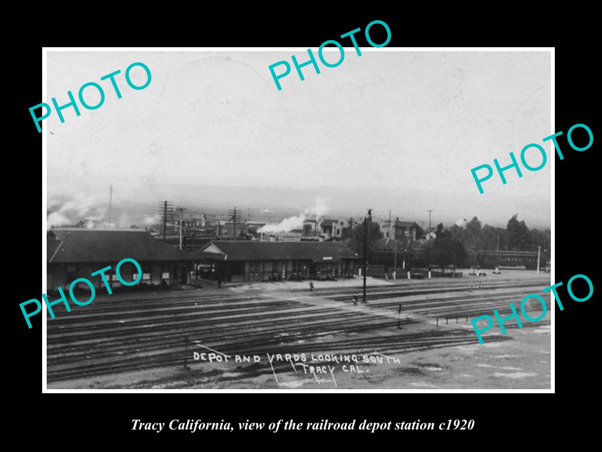 OLD LARGE HISTORIC PHOTO OF TRACY CALIFORNIA, THE RAILROAD DEPOT STATION c1920