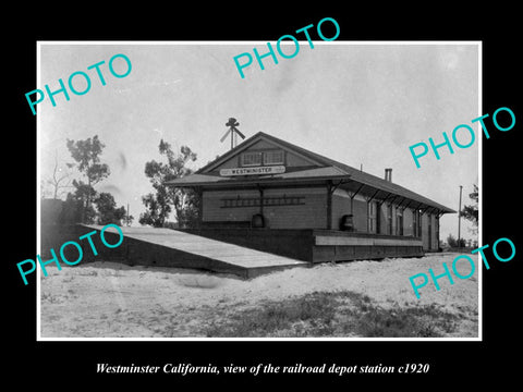 OLD LARGE HISTORIC PHOTO OF WESTMINSTER CALIFORNIA, RAILROAD DEPOT STATION c1920