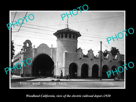 OLD LARGE HISTORIC PHOTO OF WOODLAND CALIFORNIA, ELECTRIC RAILROAD DEPOT c1920