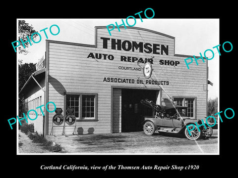 OLD LARGE HISTORIC PHOTO OF CORTLAND CALIFORNIA, THE THOMSEN MOTOR GARAGE c1920