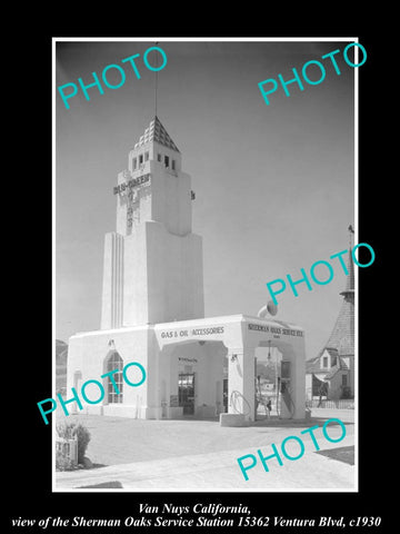 OLD LARGE HISTORIC PHOTO OF VAN NUYS CALIFORNIA, SHERMAN OAKS GAS STATION c1930