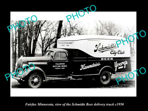 OLD LARGE HISTORIC PHOTO OF FAIRFAX MINNESOTA, THE SCHMIDTS BEER TRUCK c1950