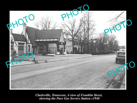 OLD LARGE HISTORIC PHOTO OF CLARKSVILLE TENNESSEE, GAS STATION & FRANLIN St 1940