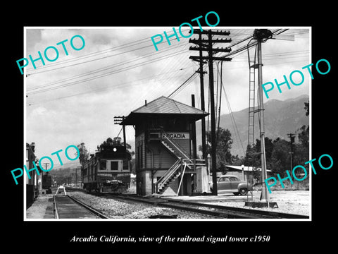 OLD LARGE HISTORIC PHOTO OF ARCADIA CALIFORNIA, THE RAILROAD SIGNAL TOWER c1950