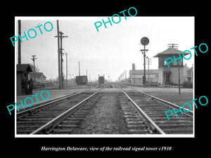 OLD LARGE HISTORIC PHOTO OF HARRINGTON DELAWARE, THE RAILROAD SIGNAL TOWER c1930