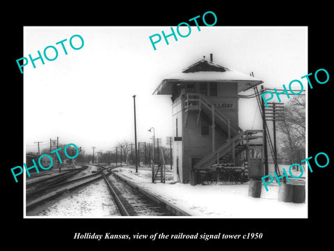 OLD LARGE HISTORIC PHOTO OF HOLLIDAY KANSAS, THE RAILROAD SIGNAL TOWER c1950