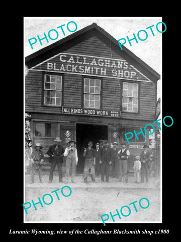 OLD LARGE HISTORIC PHOTO OF LARAMIE WYOMING, THE CALLAGHAN BLACKSMITH SHOP c1900