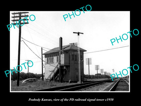 OLD LARGE HISTORIC PHOTO OF PEABODY KANSAS, THE PD RAILROAD SIGNAL TOWER c1950