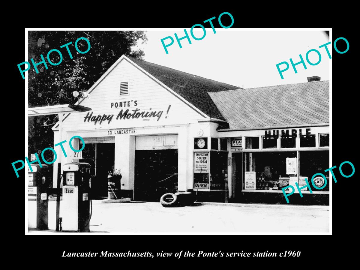 OLD LARGE HISTORIC PHOTO OF LANCASTER MASSACHUSETTS, PONTES SERVIES STATION 1960