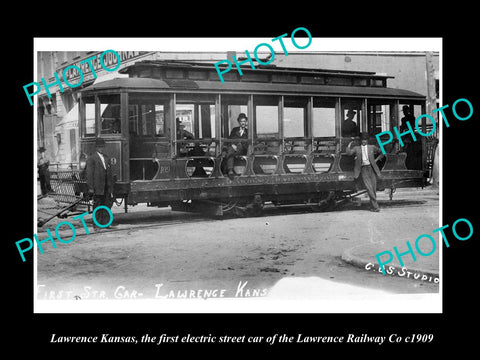 OLD LARGE HISTORIC PHOTO OF LAWRENCE KANSAS, THE 1st ELECTRIC RAILROAD CAR c1909