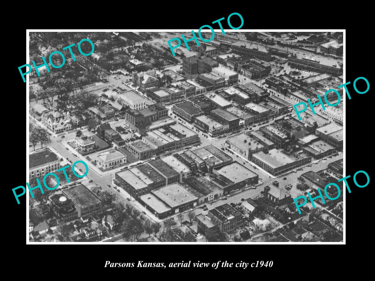 OLD LARGE HISTORIC PHOTO OF PARSONS KANSAS, AERIAL VIEW OF THE CITY c1940