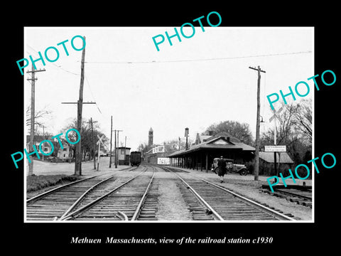 OLD LARGE HISTORIC PHOTO OF METHUEN MASSACHUSETTS, THE RAILROAD STATION c1930