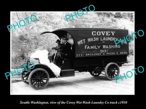 OLD LARGE HISTORIC PHOTO OF SEATTLE WASHINGTON, THE COVEY LAUNDRY TRUCK c1910