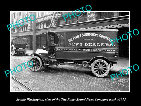 OLD LARGE HISTORIC PHOTO OF SEATTLE WASHINGTON, THE PUGET SOUND NEWS TRUCK c1915