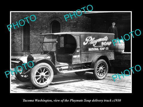 OLD LARGE HISTORIC PHOTO OF TACOMA WASHINGTON, THE PLAYMATE SOAP TRUCK c1930