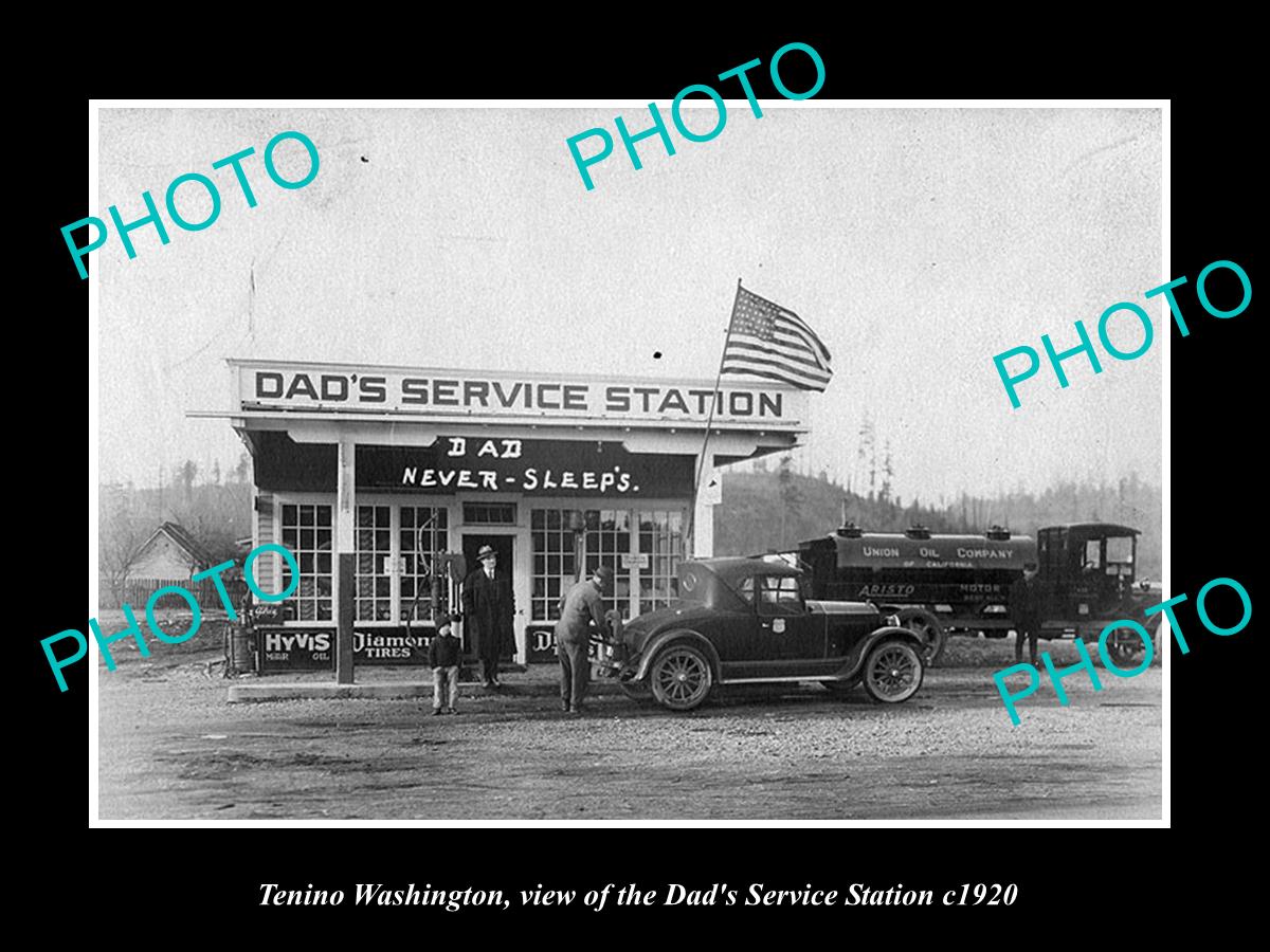 OLD LARGE HISTORIC PHOTO OF TENINO WASHINGTON, THE DADS SERVICE STATION c1920