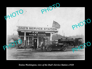 OLD LARGE HISTORIC PHOTO OF TENINO WASHINGTON, THE DADS SERVICE STATION c1920