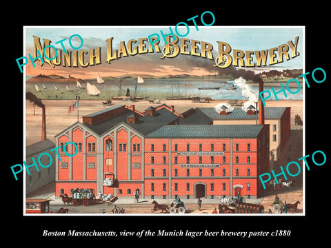 OLD LARGE HISTORIC PHOTO OF BOSTON MASSACHUSETTS, THE MUNICH BREWERY POSTER 1880