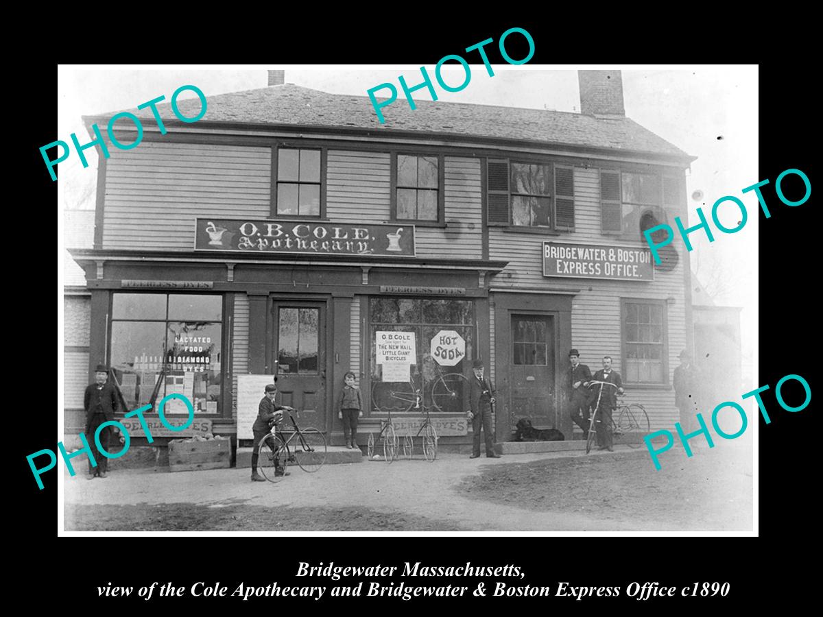 OLD LARGE HISTORIC PHOTO OF BRIDGEWATER MASSACHUSETTS, THE APOTHECARY STORE 1890