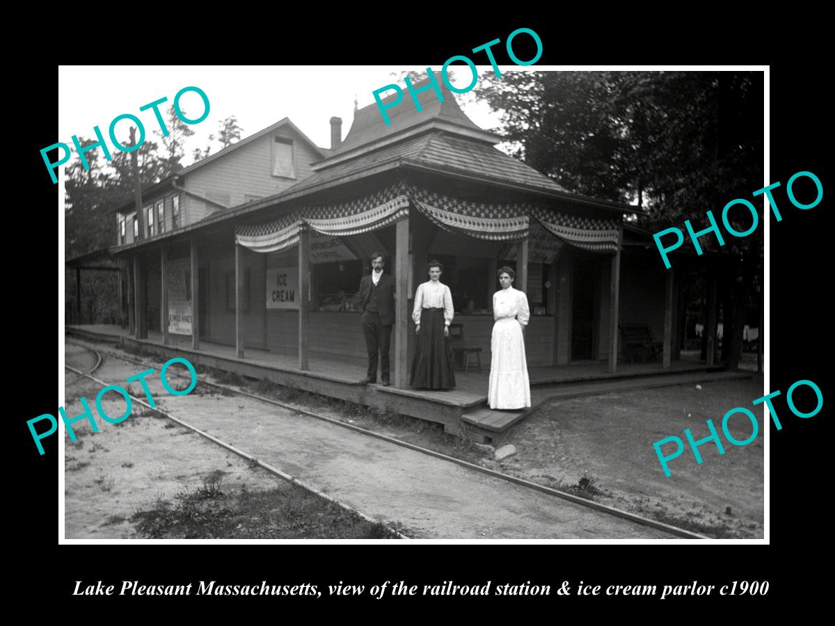 OLD LARGE HISTORIC PHOTO OF LAKE PLEASANT MASSACHUSETTS RAILROAD STATION c1900