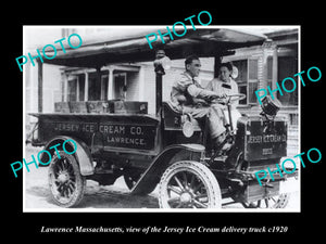 OLD LARGE HISTORIC PHOTO OF LAWRENCE MASSACHUSETTS, JERSEY ICE CREAM TRUCK c1920