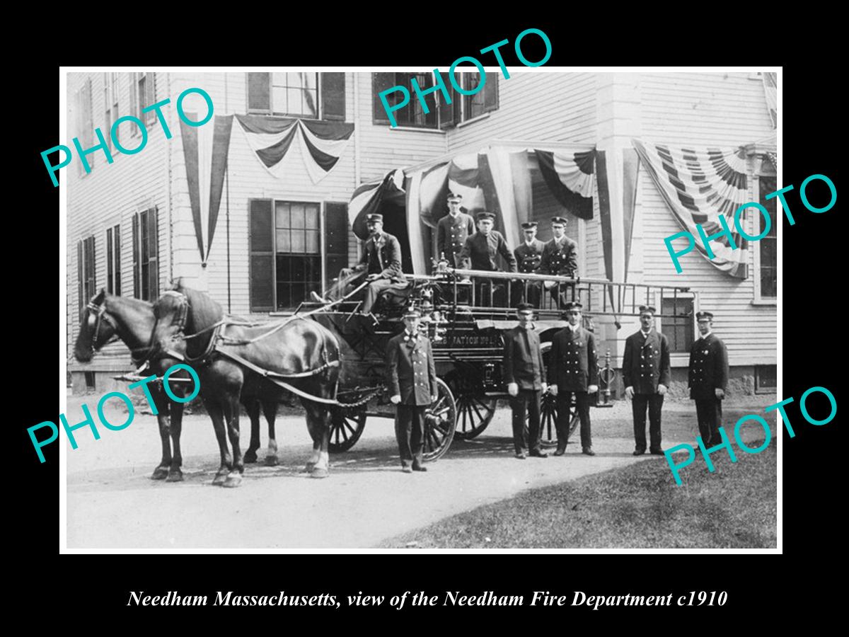 OLD LARGE HISTORIC PHOTO OF NEEDHAM MASSACHUSETTS, THE FIRE DEPARTMENT c1910