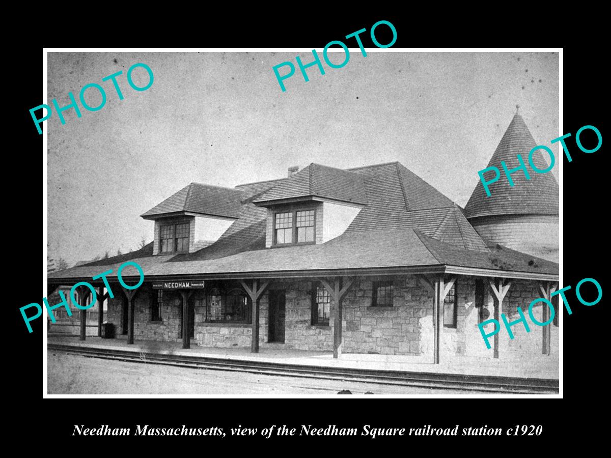 OLD LARGE HISTORIC PHOTO OF NEEDHAM MASSACHUSETTS, SQUARE RAILROAD DEPOT c1920