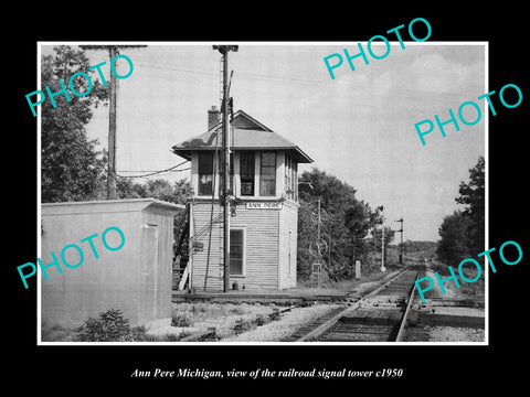 OLD LARGE HISTORIC PHOTO OF ANN PERE MICHIGAN, THE RAILROAD SIGNAL TOWER c1950