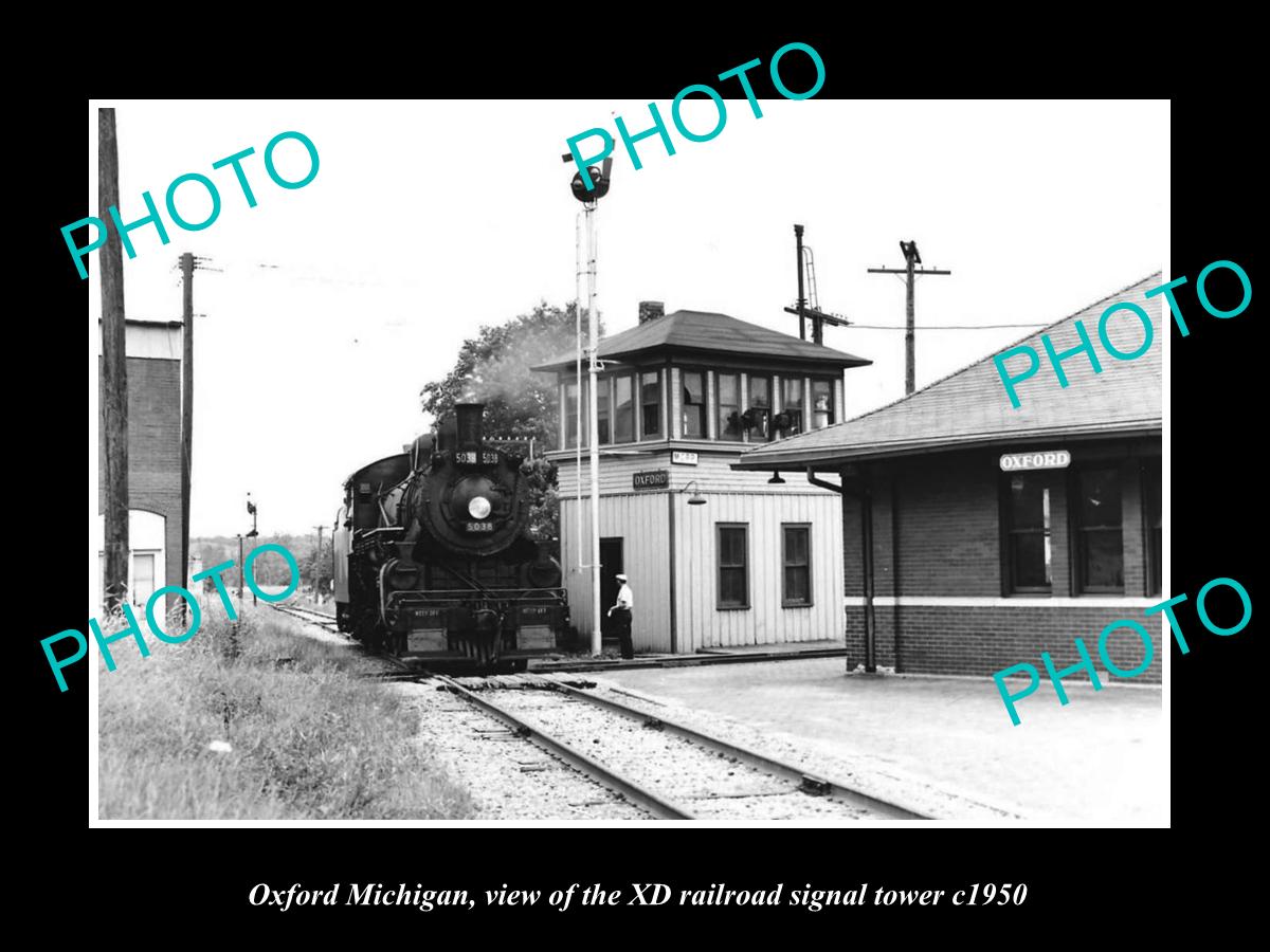 OLD LARGE HISTORIC PHOTO OF OXFORD MICHIGAN, THE XD RAILROAD SIGNAL TOWER c1950