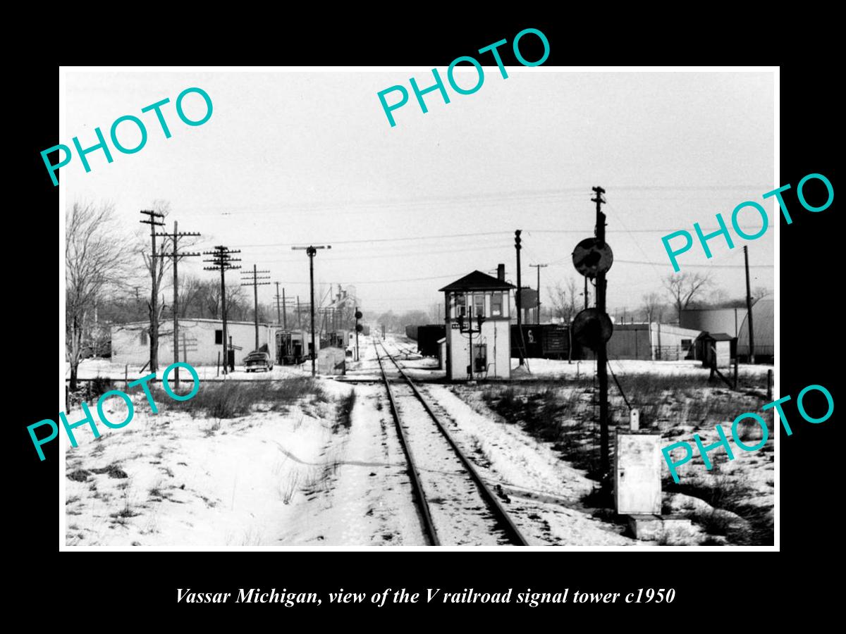 OLD LARGE HISTORIC PHOTO OF VASSER MICHIGAN, THE V RAILROAD SIGNAL TOWER c1950