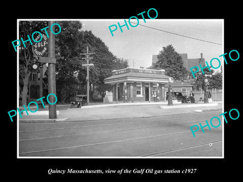 OLD LARGE HISTORIC PHOTO OF QUINCY MASSACHUSETTS, THE GULF OIL GAS STATION c1927