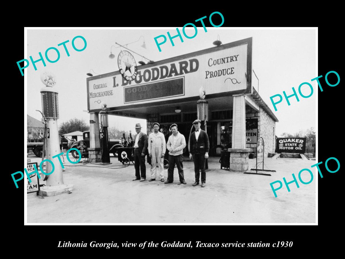 OLD LARGE HISTORIC PHOTO OF LITHONIA GEORGIA, GODDARD TEXACO GAS STATION c1930