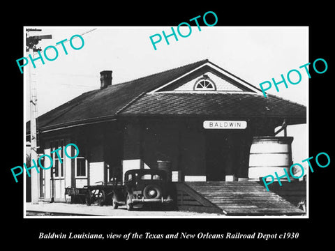 OLD LARGE HISTORIC PHOTO OF BALDWIN LOUISIANA, THE RAILROAD DEPOT STATION c1930