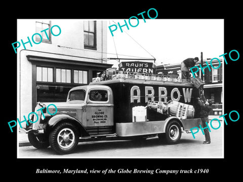 OLD LARGE HISTORIC PHOTO OF BALTIMORE MARYLAND, THE GLOBE BREWERY TRUCK c1940