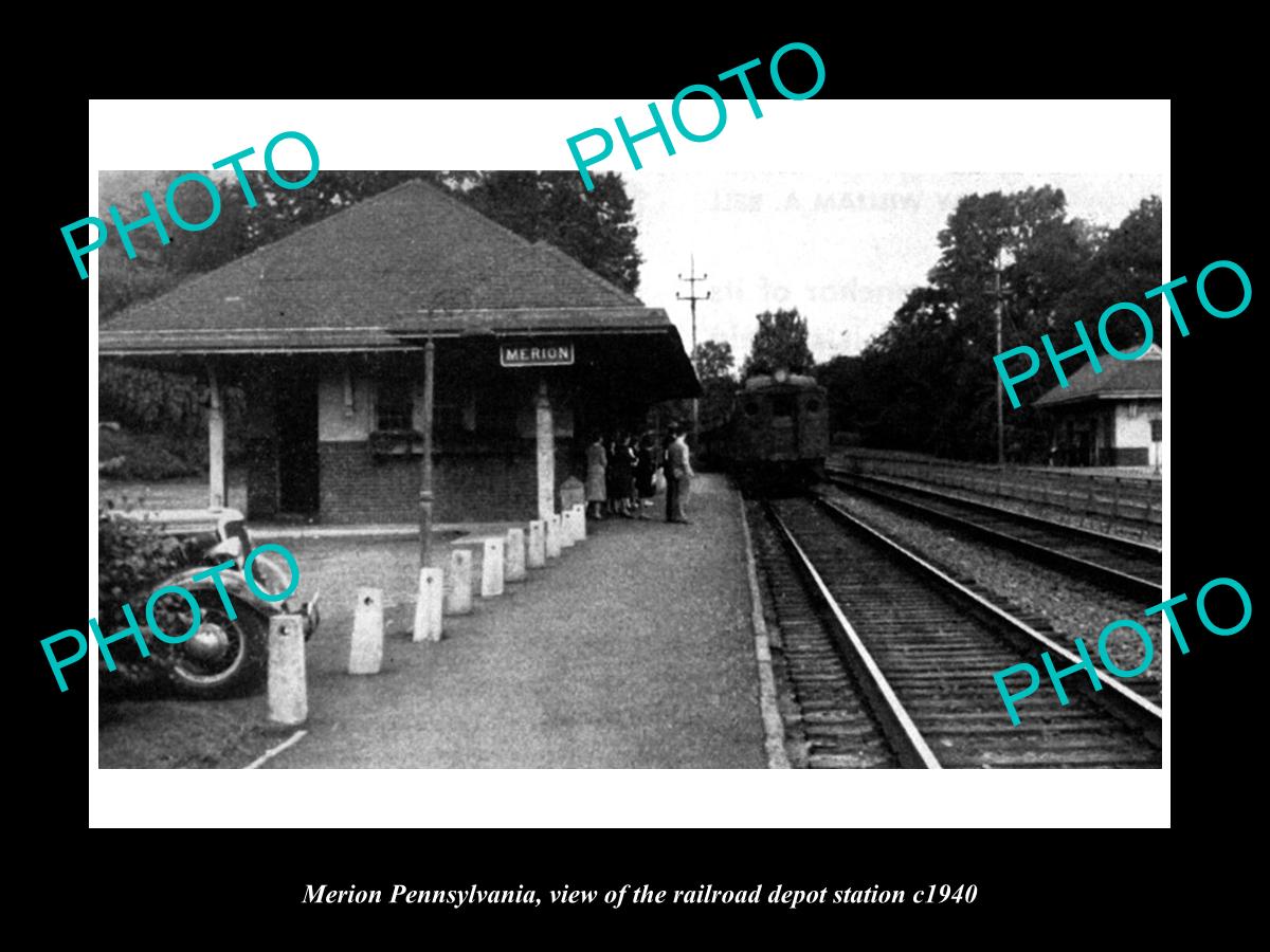 OLD LARGE HISTORIC PHOTO OF MERION PENNSYLVANIA, THE RAILROAD DEPOT STATION 1940