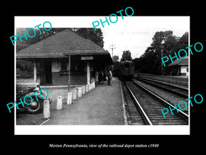 OLD LARGE HISTORIC PHOTO OF MERION PENNSYLVANIA, THE RAILROAD DEPOT STATION 1940