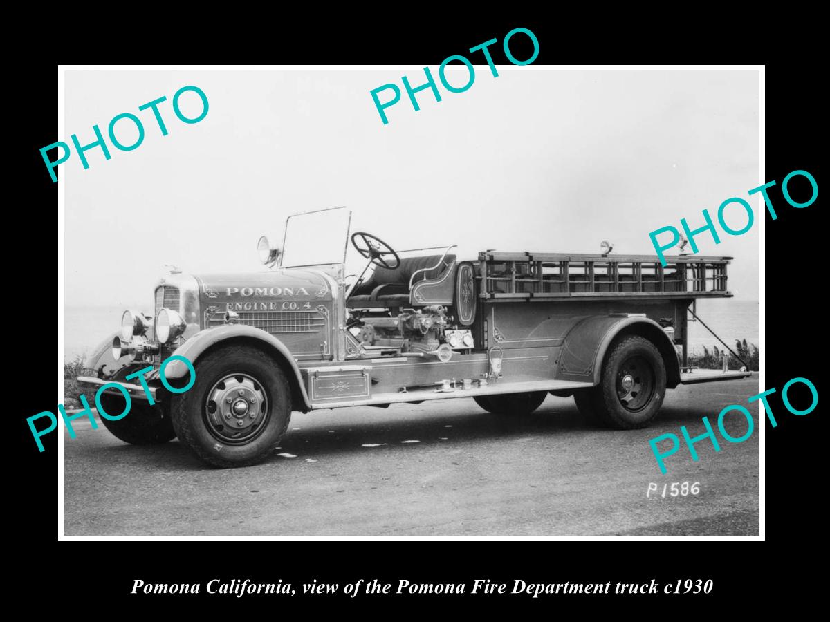 OLD LARGE HISTORIC PHOTO OF POMONA CALIFORNIA, THE FIRE DEPARTMENT TRUCK c1930