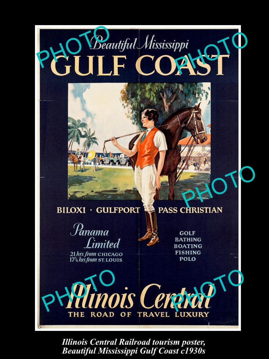 OLD LARGE HISTORIC PHOTO OF 1930s ILLINOIS CENTRAL RAILROAD POSTER, GULF COAST 1