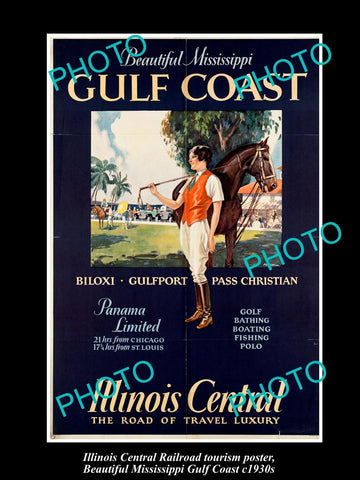 OLD LARGE HISTORIC PHOTO OF 1930s ILLINOIS CENTRAL RAILROAD POSTER, GULF COAST 1