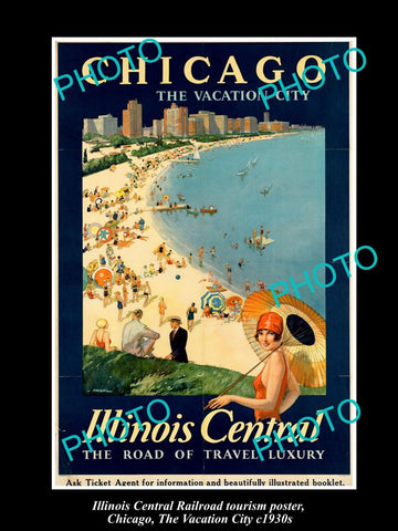 OLD LARGE HISTORIC PHOTO OF 1930s ILLINOIS CENTRAL RAILROAD POSTER, CHICAGO