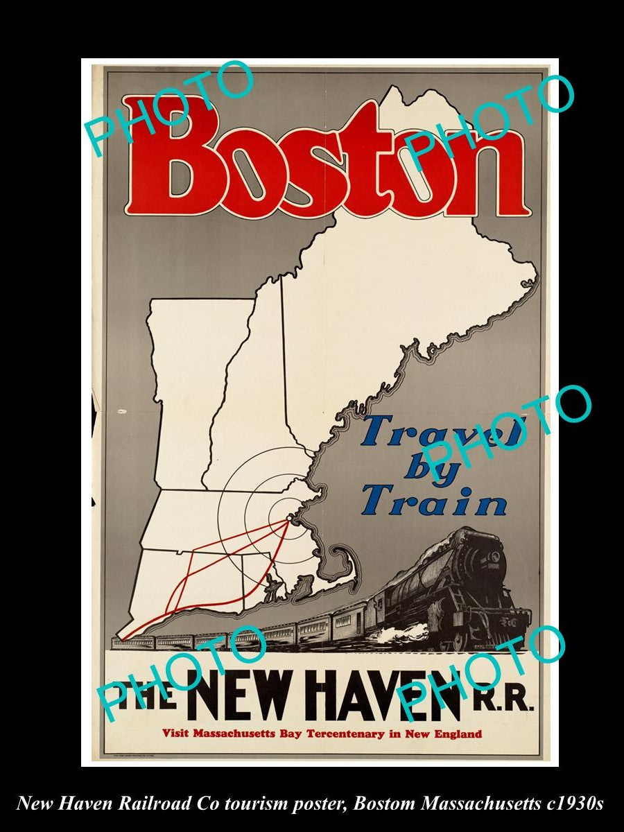 OLD LARGE HISTORIC PHOTO OF 1950s NEW HAVEN RAILROAD POSTER BOSTON MASSACHUSETTS