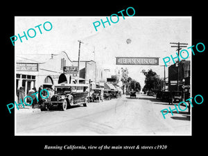 OLD LARGE HISTORIC PHOTO OF BANNING CALIFORNIA, VIEW OF MAIN St & STORES c1920