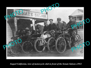 OLD LARGE HISTORIC PHOTO OF SOQUEL CALIFORNIA, MOTORCYCLE CLUB AT SALOON c1912