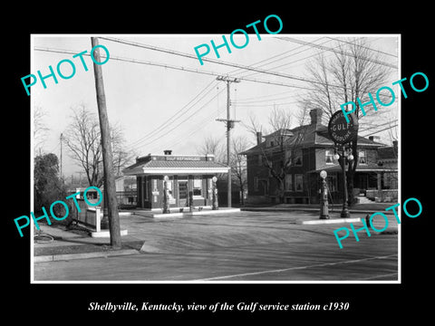 OLD LARGE HISTORIC PHOTO OF SHELBYVILLE KENTUCKY, THE GULF OIL GAS STATION c1930