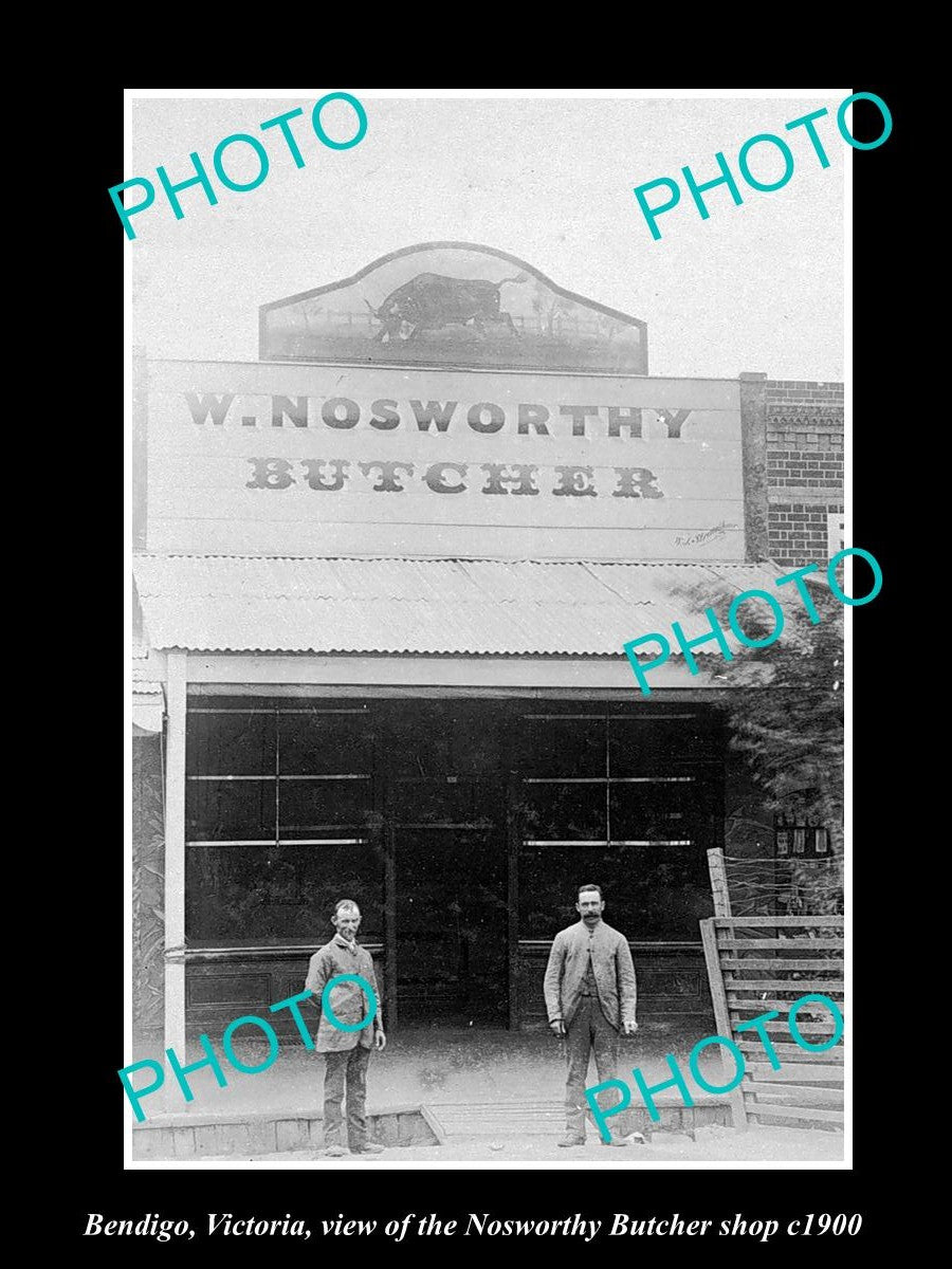 OLD LARGE HISTORIC PHOTO OF BENDIGO VICTORIA, THE NOSWORTHY BUTCHER SHOP c1900