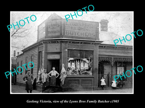 OLD LARGE HISTORIC PHOTO OF GEELONG VICTORIA, THE LYONS BROS BUTCHER SHOP c1905