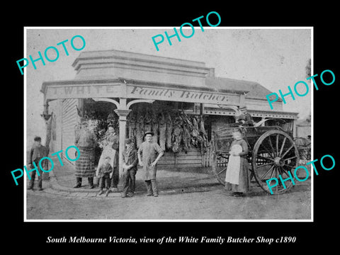 OLD LARGE HISTORIC PHOTO OF SOUTH MELBOURNE VICTORIA, WHITE's BUTCHER SHOP c1890