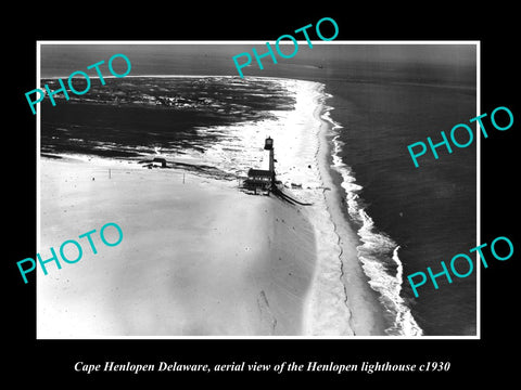 OLD LARGE HISTORIC PHOTO CAPE HENLOPEN DELAWARE, AERIAL VIEW OF LIGHTHOUSE c1930