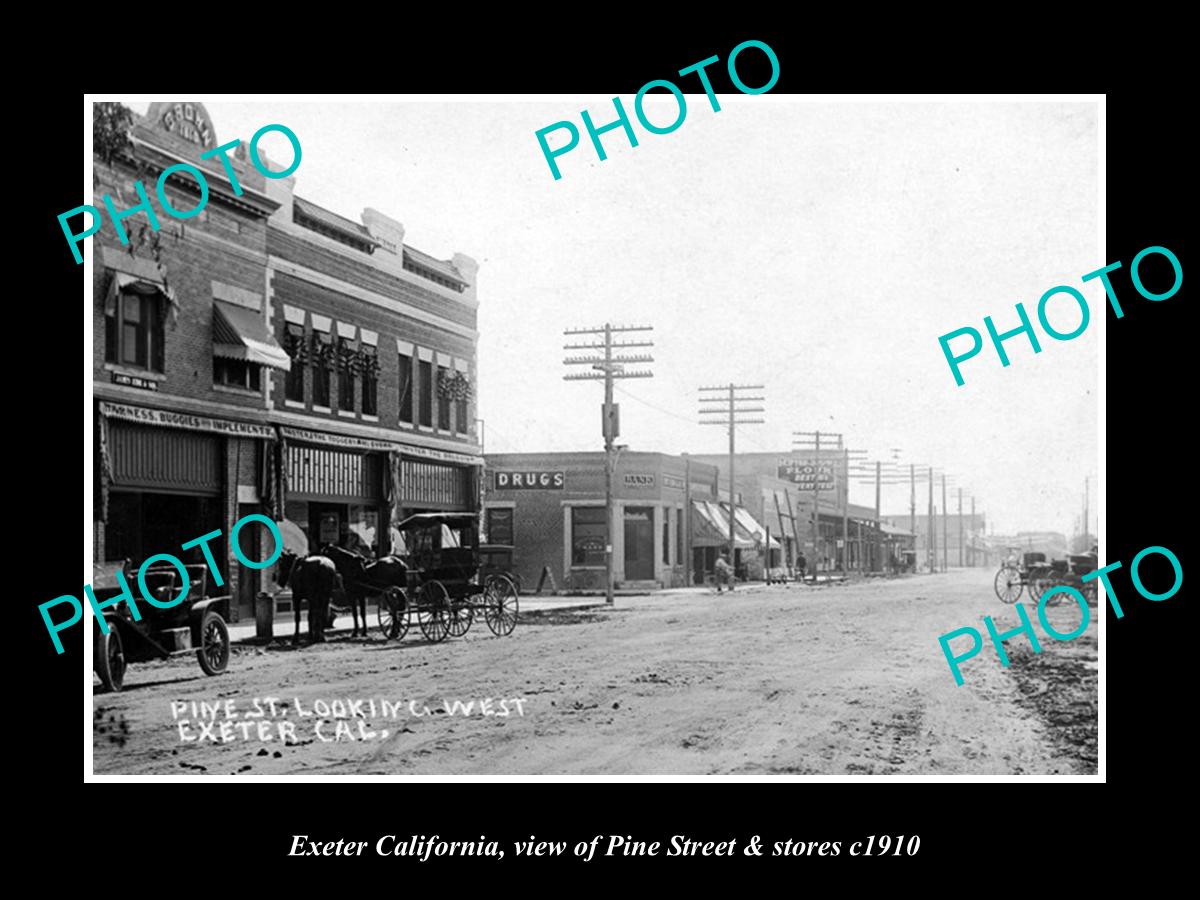 OLD LARGE HISTORIC PHOTO OF EXETER CALIFORNIA, VIEW OF PINE ST & STORES c1910