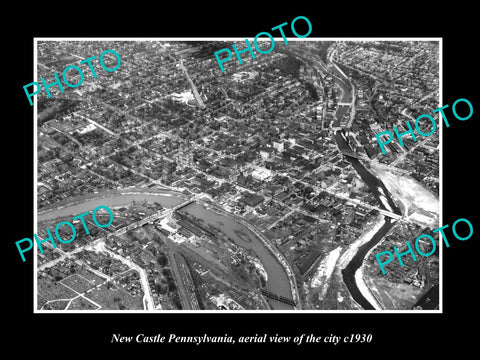 OLD LARGE HISTORIC PHOTO OF NEW CASTLE PENNSYLVANIA, AERIAL VIEW OF CITY c1930